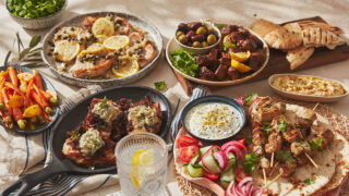 A Summer spread of all 4 pork recipes, including French onion and blue cheese pork loins, pork scallopini, pork souvlaki and Spanish spiced pork bites