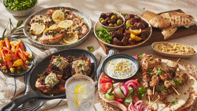 A Summer spread of all 4 pork recipes, including French onion and blue cheese pork loins, pork scallopini, pork souvlaki and Spanish spiced pork bites