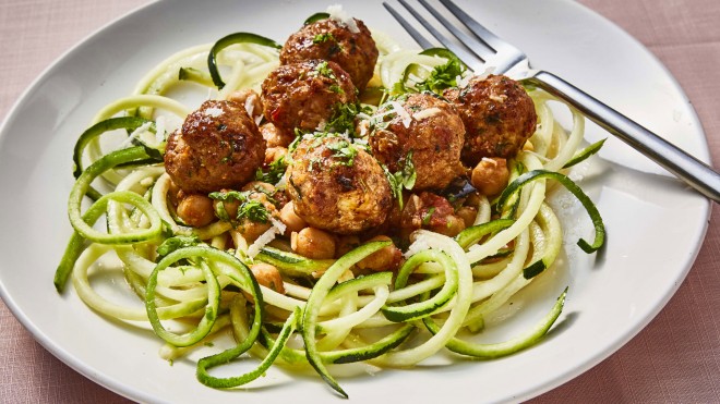 Pork Meatballs and Courgetti served on a white plate with a fork