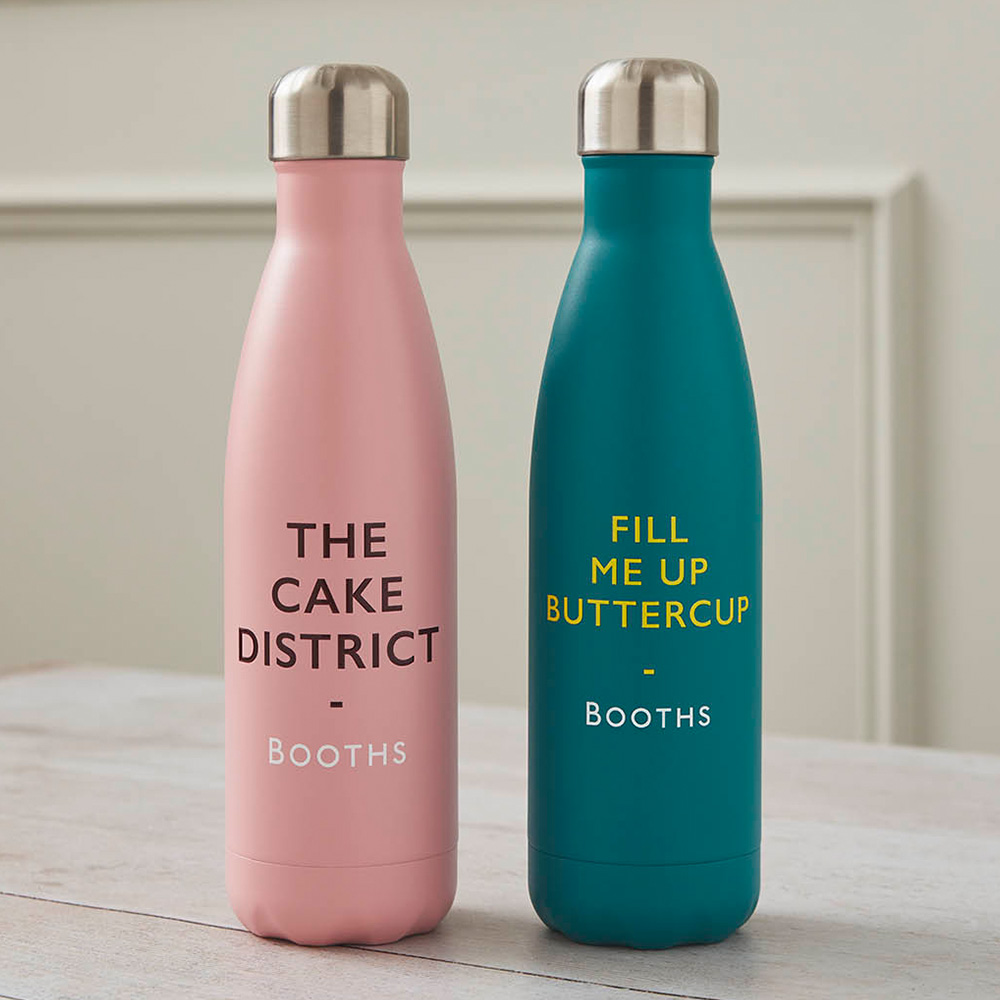 Image of two reusable pun water bottles sat next to each other on a table