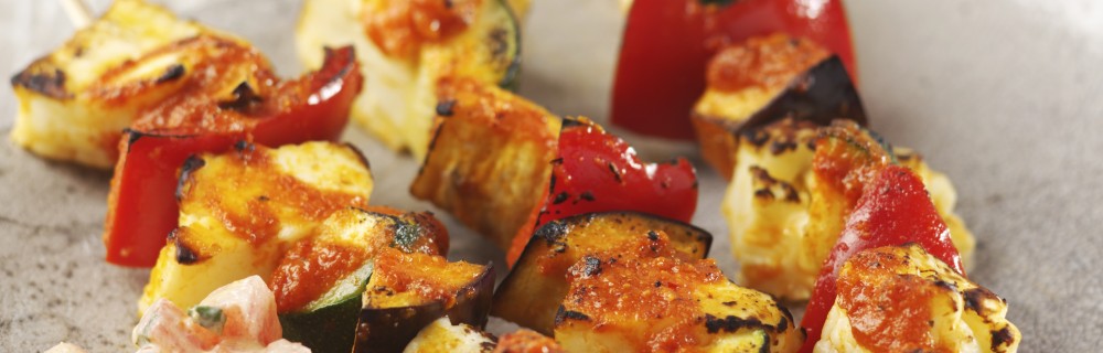 Harissa Spiced Vegetable and Halloumi Skewers with a light salad