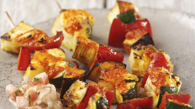 Harissa Spiced Vegetable and Halloumi Skewers with a light salad