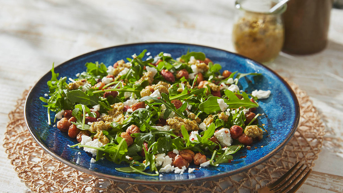 Roasted Chickpea Bowl with Feta, Rocket and Olive Tapenade