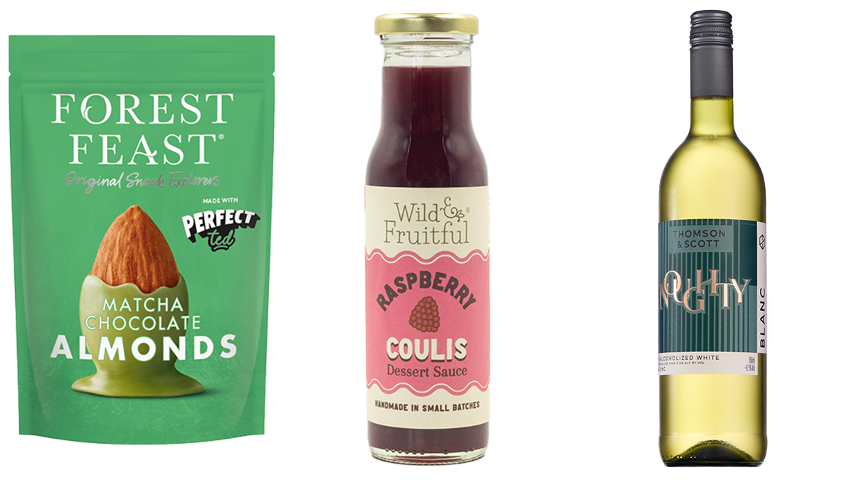 Forest Feast Matcha Almonds, Wild & Frutiful Raspberry Coulis and Noughty Alcohol Free Wine