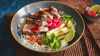 Sesame Crusted Tuna with rice, avocado and Korean Honey Glaze
