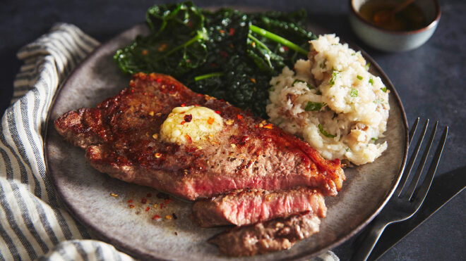 Booths Sirloin Steaks with Hot Honey Butter and Jerusalem Artichoke Mash