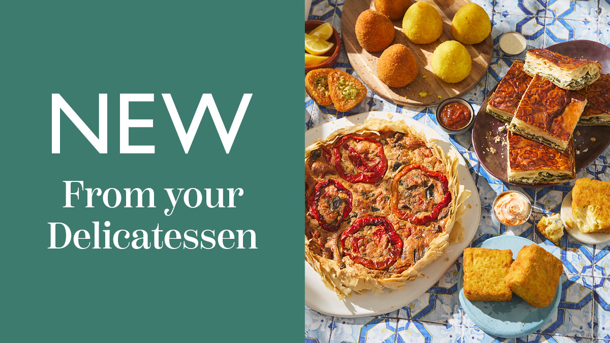 New to your delicatessen banner with an image of a tart and arrancini