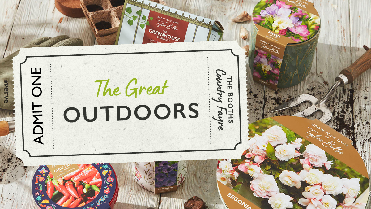 A web banner with various pots and gardening kits in the background and a ticket graphic that says The Great Outdoors