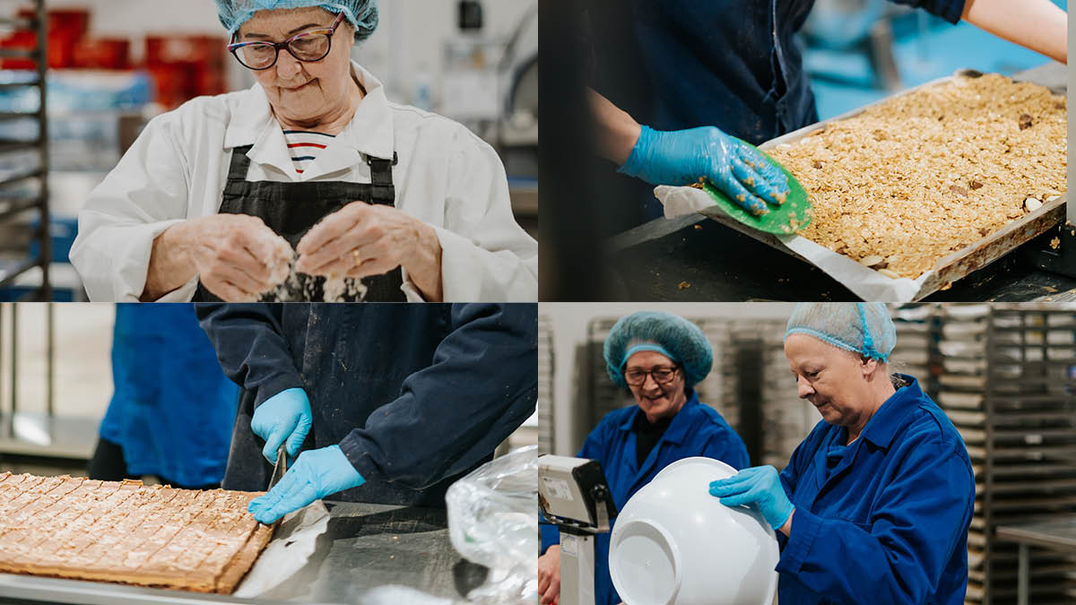 Collage of studio bakery colleagues crafting their traybakes, crumbling mixtures, patting them down into trays and cutting the bakes into squares