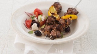 Spiced Saltmarsh Lamb Kebabs with greek salad including tomatoes, feta cheese and black olives