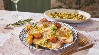 Swordfish Salmoriglio with Green Olive Tapenade