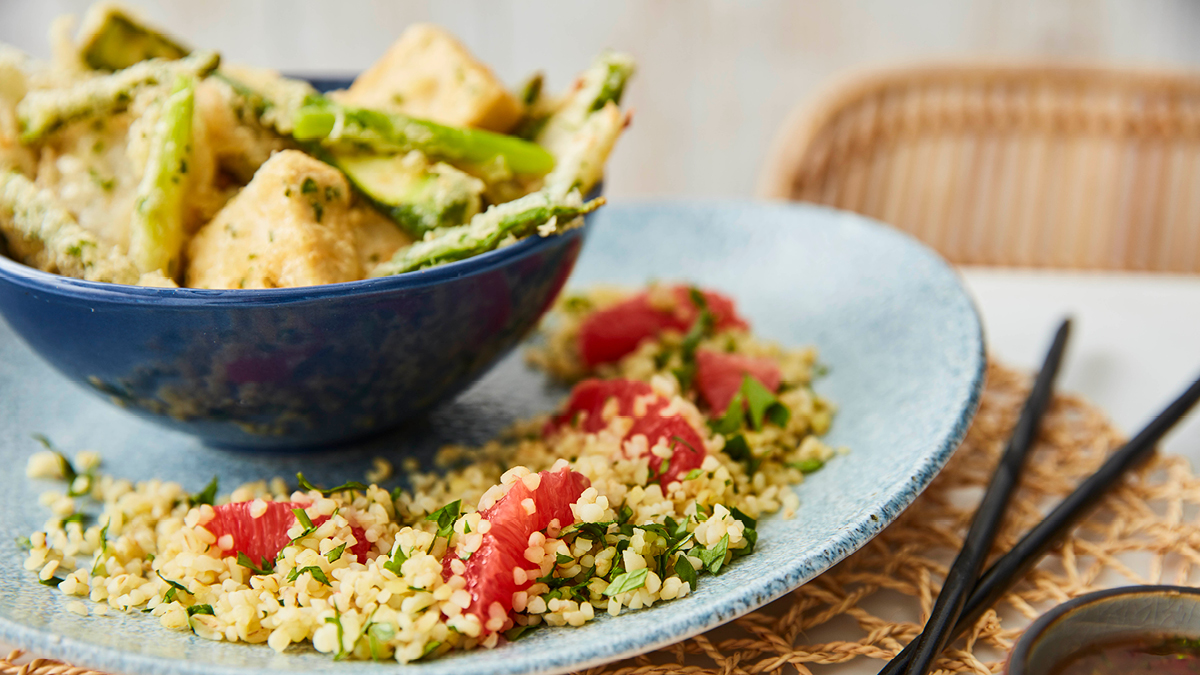 Tempura Tofu with Grapefruit Tabbouleh