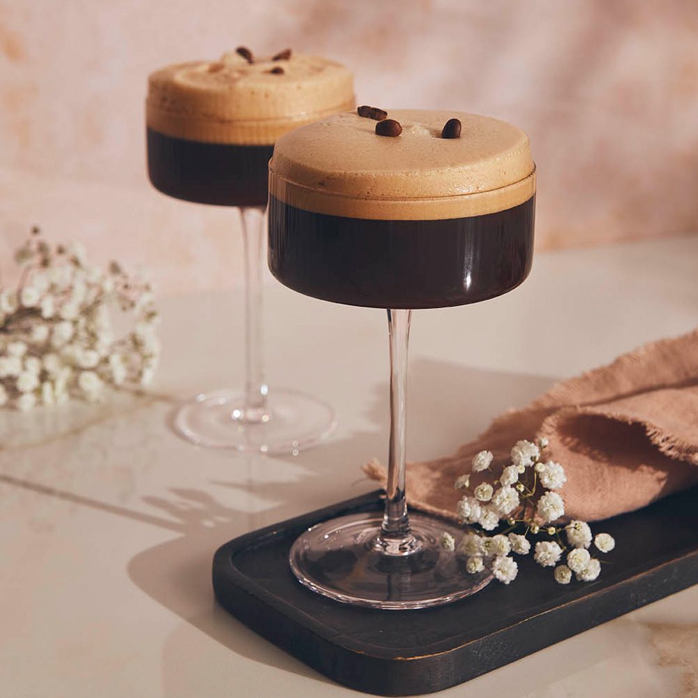 An image of two tiramisu soufflé martini cocktails