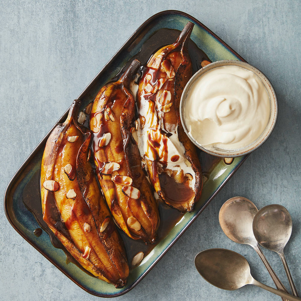 A close up image of a treacle and banana dessert recipe