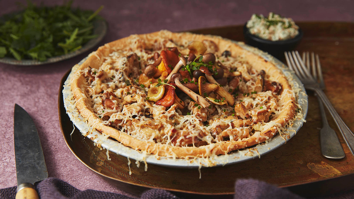 Wild mushroom tart in a baking tin