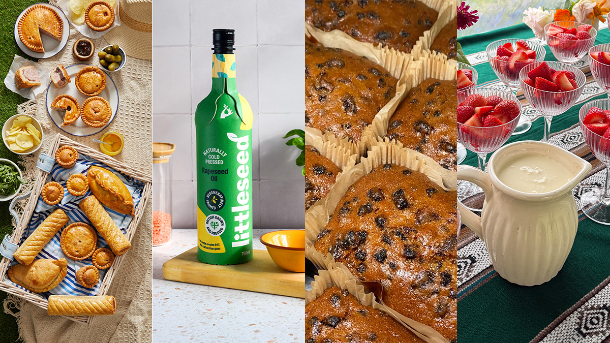 Web banner showing a group of pies, a bottle of rapeseed oil, Yorkshire brack and strawberries and cream