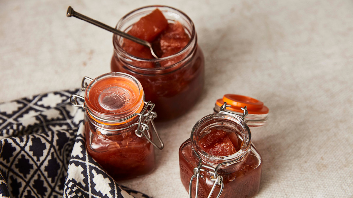 Apple, Fig and Pear Chutney served in glass jars