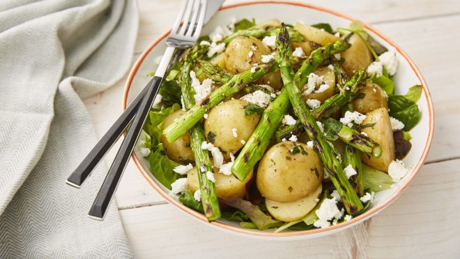 Asparagus with Jersey Royal Potatoes and Wild Garlic Salad served with Feta Cheese