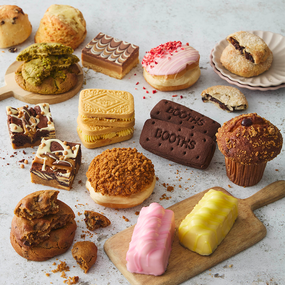 Group shot of various new Booths bakery products