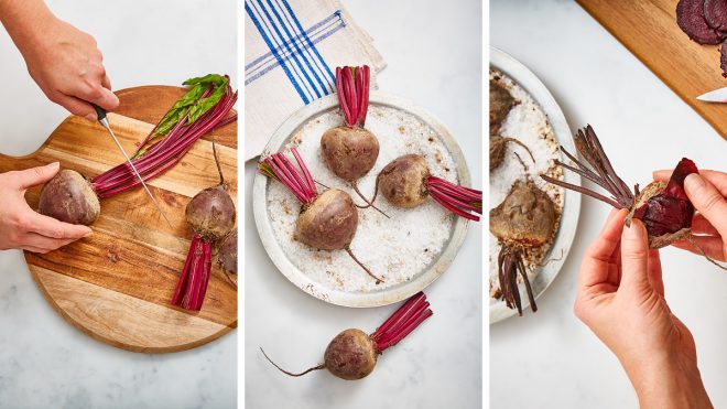 Roasted Beetroot Easy as 1,2,3 being chopped on a board, on a roasting tin and then being peeled on a plate