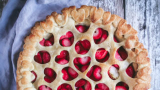 Strawberry and Cinnamon Pie with heart shapes removed from the pastry