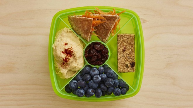 Carrot Pitta with Houmous Dip Lunchbox with various fruit snacks