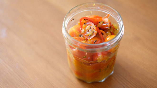 Rafi's Spicebox Cherry Tomato Chutney stored in a glass jar