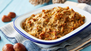 Chestnut Stuffing served in a white baking dish