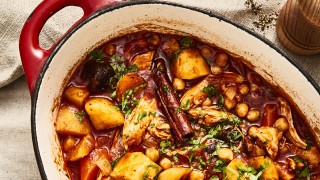 Warming Chicken and Chickpea Stew served in a casserole dish