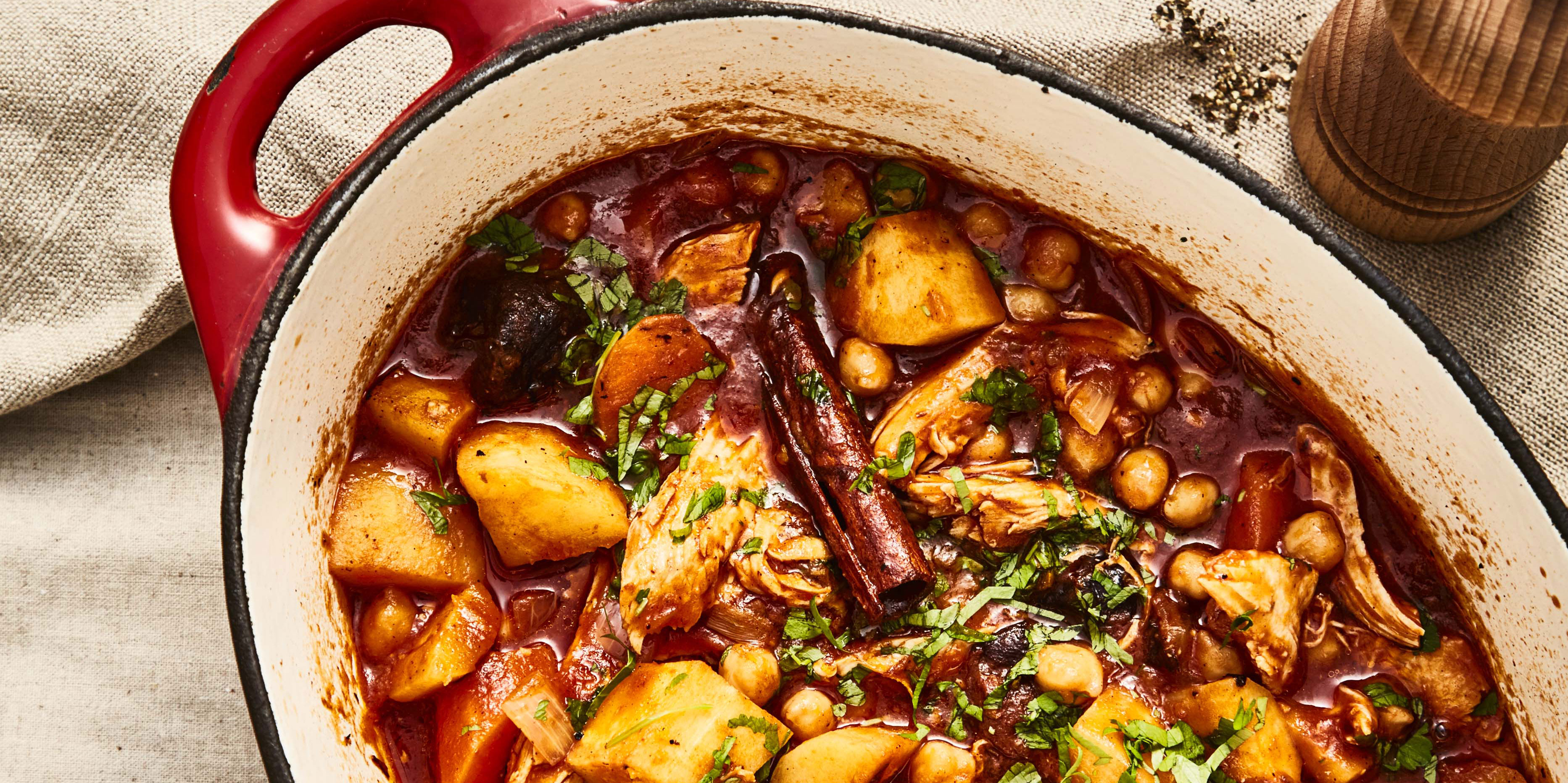 Warming Chicken and Chickpea Stew served in a casserole dish