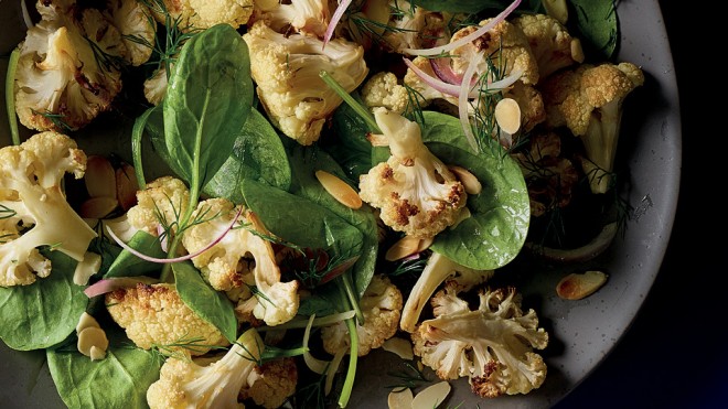 Roasted Cauliflower, Dill and Spinach Salad served on a grey plate