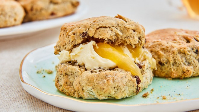 Earl Grey Tea Scones served with lemon curd and whipped cream