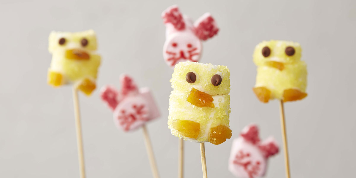 Easter Marshmallow Chicks and Bunnies served on wooden sticks