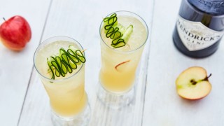 English Garden Gin Cocktail served in glasses with ice, cucumber slices and apple slices