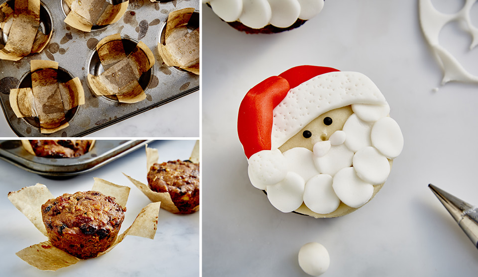 Father Christmas Cupcakes decorated as Father Christmas in icing