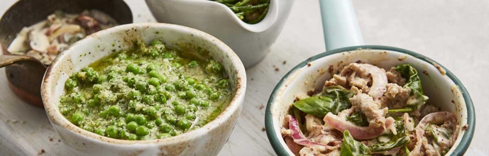 4 bowls containing 4 Easy Pasta Sauces including Pea and Pesto