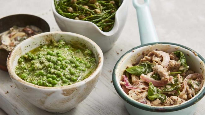 4 bowls containing 4 Easy Pasta Sauces including Pea and Pesto