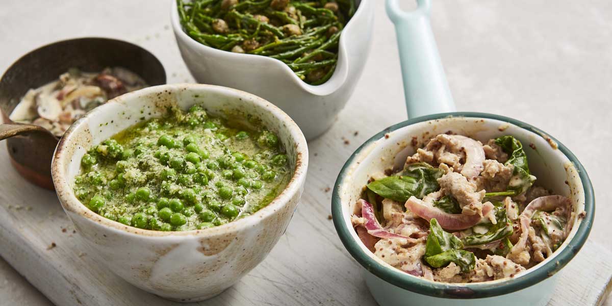 4 bowls containing 4 Easy Pasta Sauces including Pea and Pesto