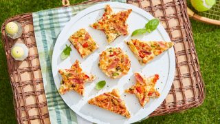 Traybake Frittata Picnic Bites served in various shapes on top of a picnic basket