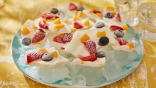 Forozen Yoghurt Barkserved on top of ice cubes on a blue plate