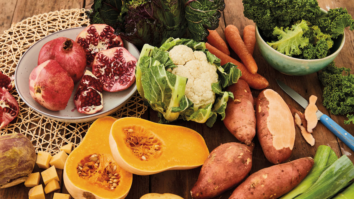 a selection of fruit and veg on a table
