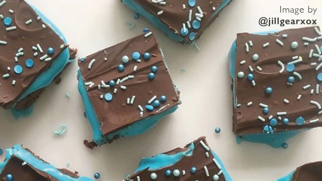 Cumbrian Millionaires Shortbread with blue decorations on a white background