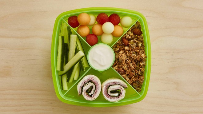 Ham and Cheese Wrap Lunchbox with various fruits and vegetables