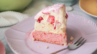 Slice of ice cream cake served on a plate