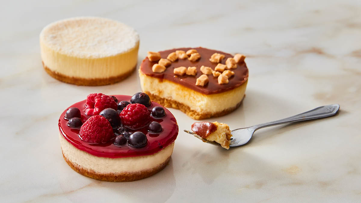 Booths Frozen Cheesecakes in salted caramel, mixed berry and traditional new york