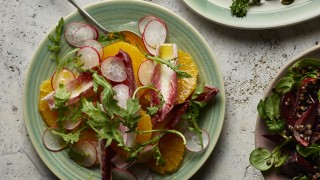 Orange, Red Chicory and Radish Salad served on a green plate topped with rocket