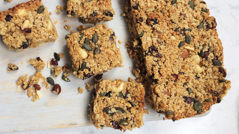 Honey and Peanut Butter Granola Bar sliced into squares