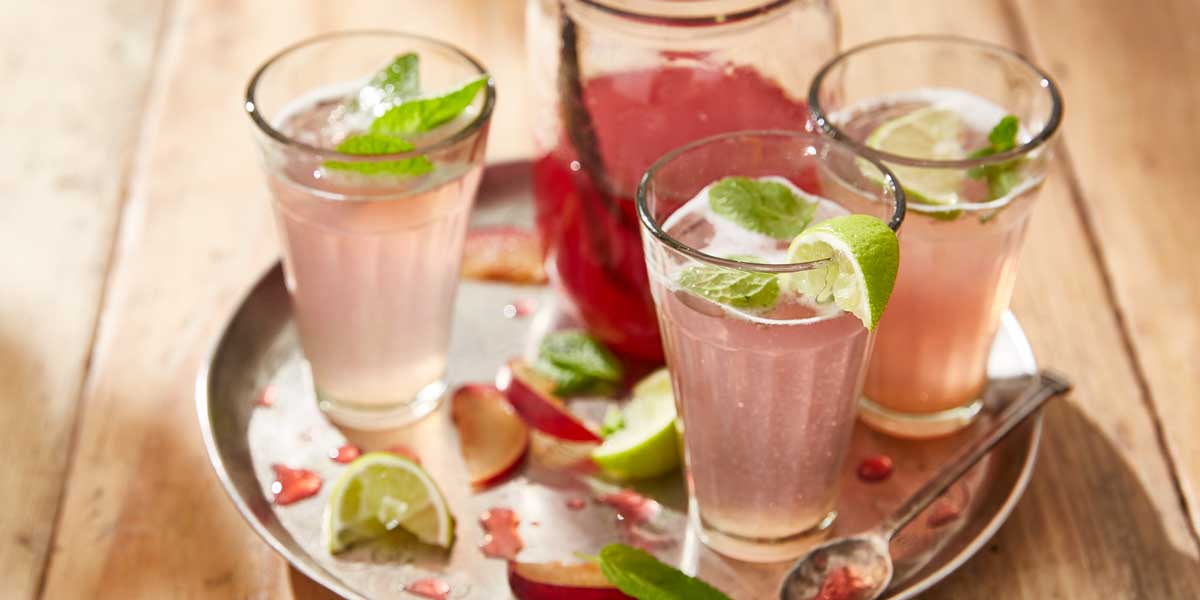 Plum Cordial served in three glasses with ice, mint sprigs and lime wedges