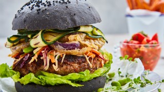 Spicy Pinto Bean Burgers served on a charcoal brioche bun