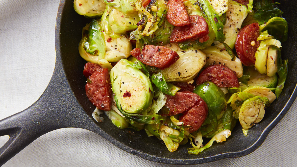 Sauteed Sprouts with Chorizo, Chilli and Garlic served in a sautee pan